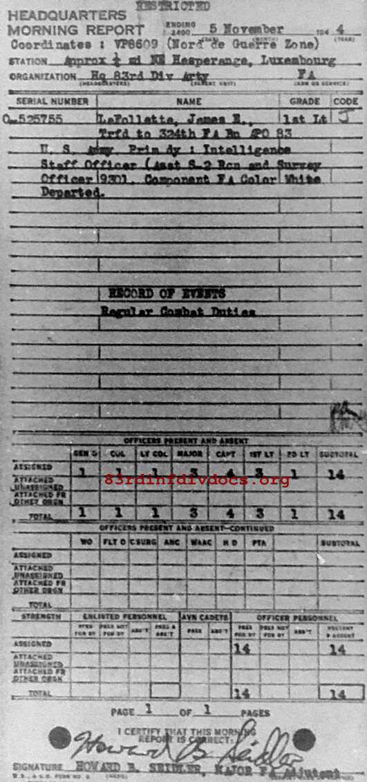 Morning report ARTYHQ Co, 1944-11-05, page 1 Morning report