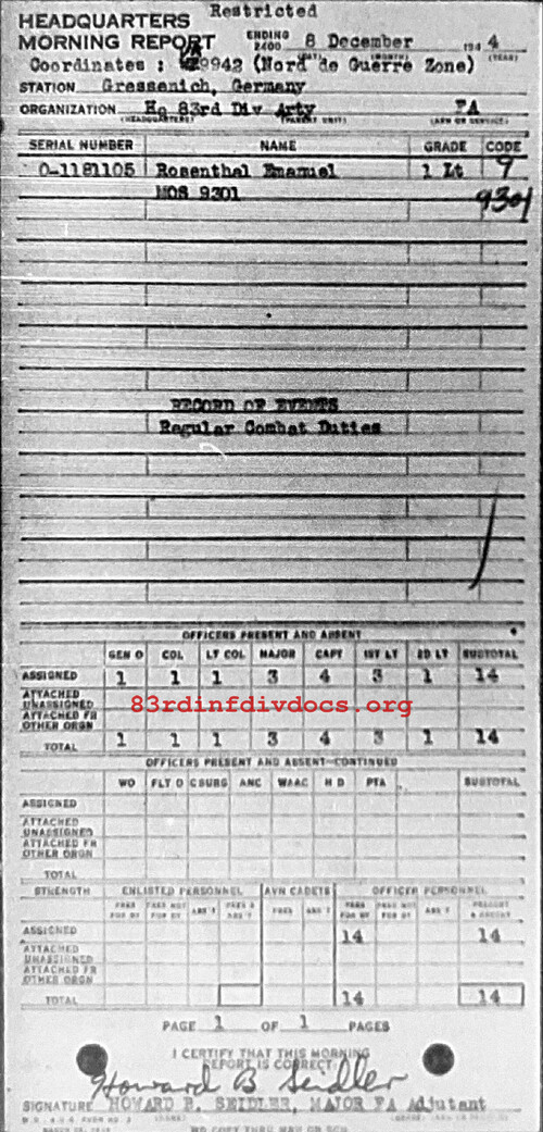 Morning report ARTYHQ Co, 1944-12-08, page 1 Morning report