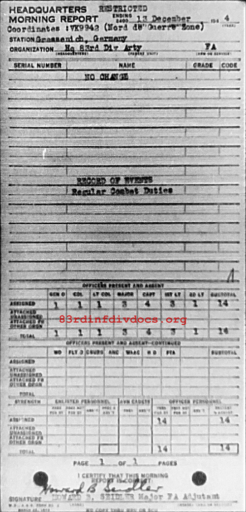 Morning report ARTYHQ Co, 1944-12-13, page 1 Morning report