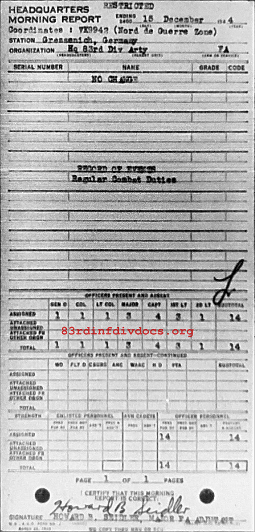 Morning report ARTYHQ Co, 1944-12-15, page 1 Morning report