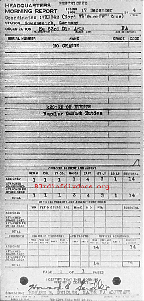 Morning report ARTYHQ Co, 1944-12-17, page 1 Morning report