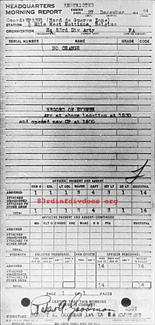 Morning report ARTYHQ Co, 1944-12-27, page 1 Morning report