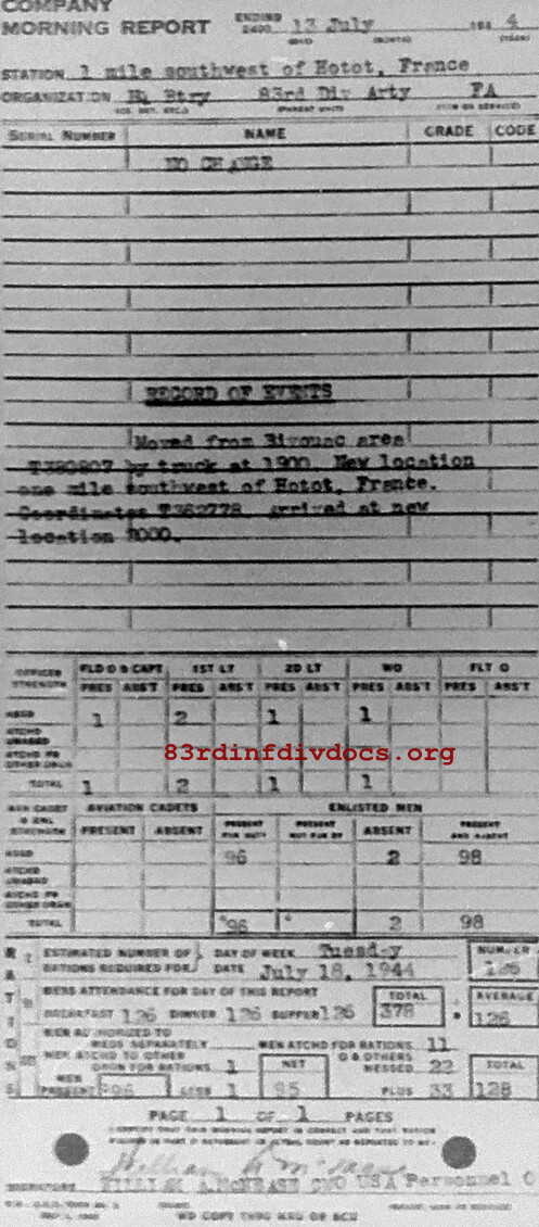 Morning report ARTYHQBTRY Co, 1944-07-13, page 1 Morning report