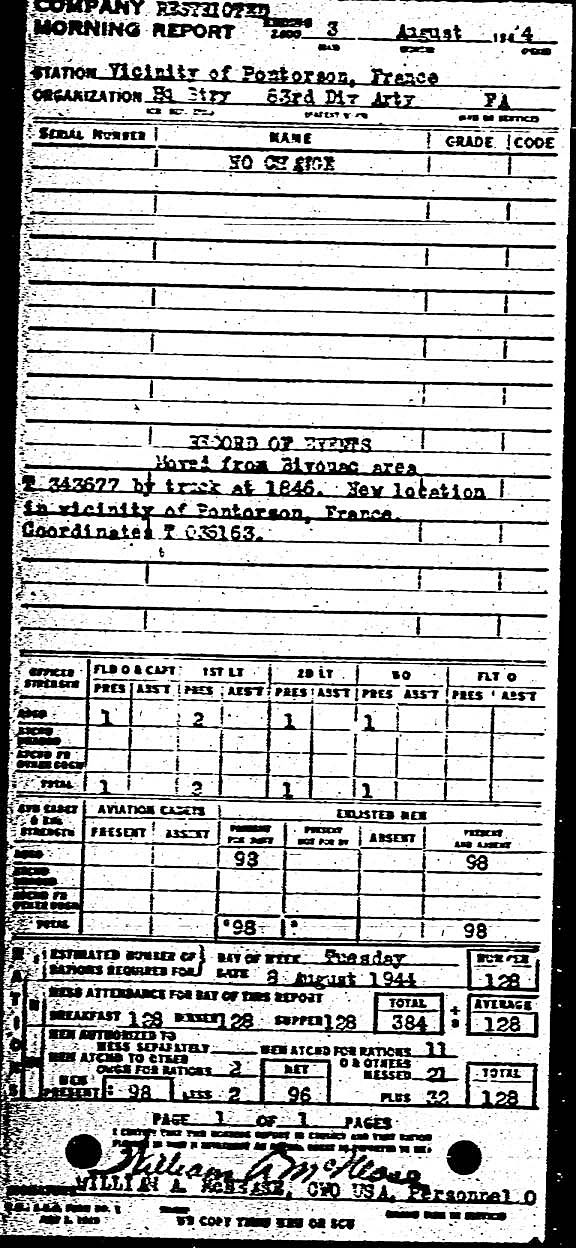 Morning report ARTYHQBTRY Co, 1944-08-03, page 1 Morning report