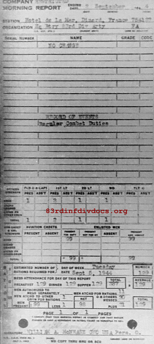 Morning report ARTYHQBTRY Co, 1944-09-02, page 1 Morning report