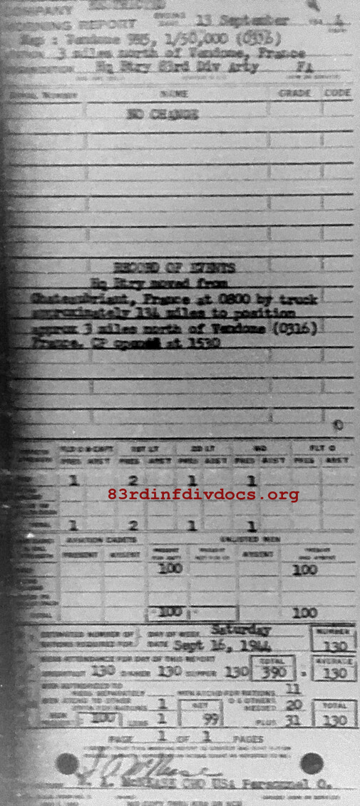 Morning report ARTYHQBTRY Co, 1944-09-13, page 1 Morning report