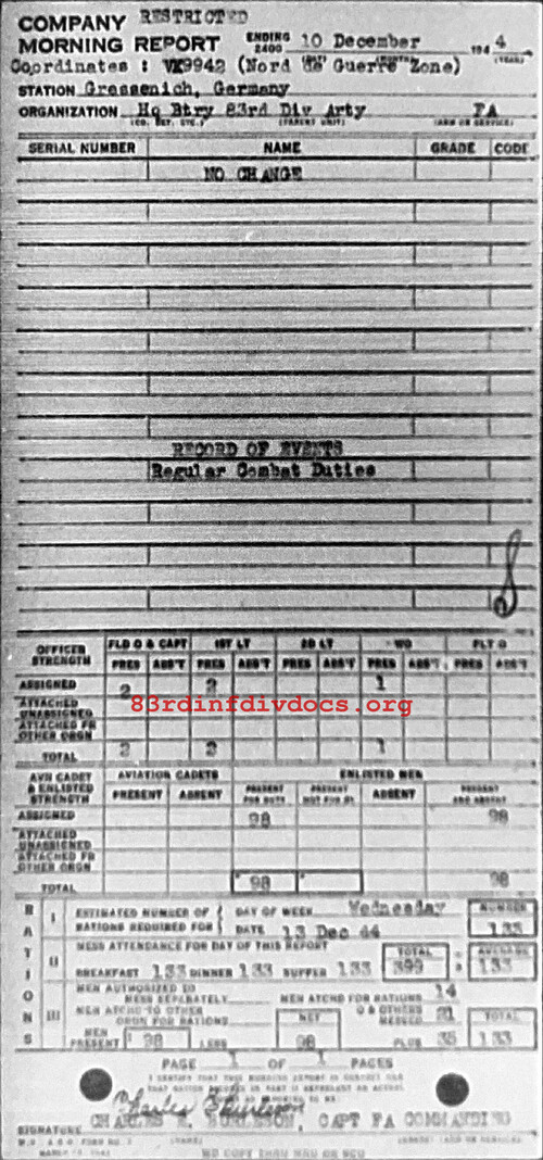 Morning report ARTYHQBTRY Co, 1944-12-10, page 1 Morning report