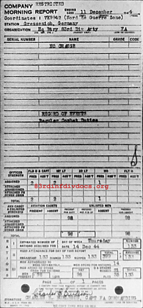 Morning report ARTYHQBTRY Co, 1944-12-11, page 1 Morning report