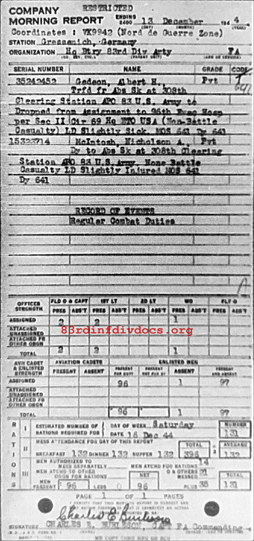 Morning report ARTYHQBTRY Co, 1944-12-13, page 1 Morning report