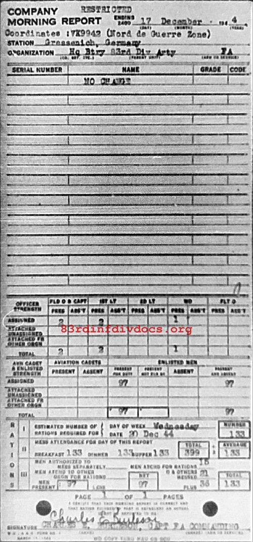 Morning report ARTYHQBTRY Co, 1944-12-17, page 1 Morning report