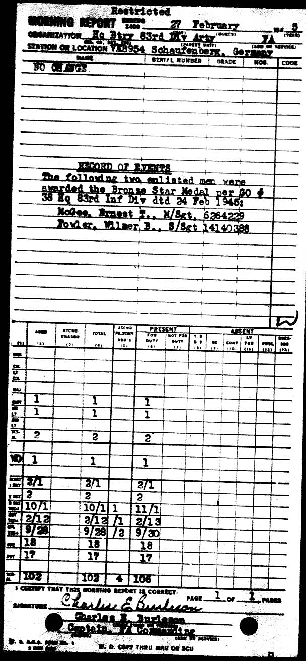 Morning report ARTYHQBTRY Co, 1945-02-27, page 1 Morning report