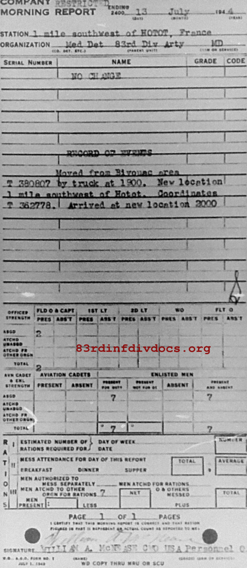 Morning report ARTYMEDDET Co, 1944-07-13, page 1 Morning report