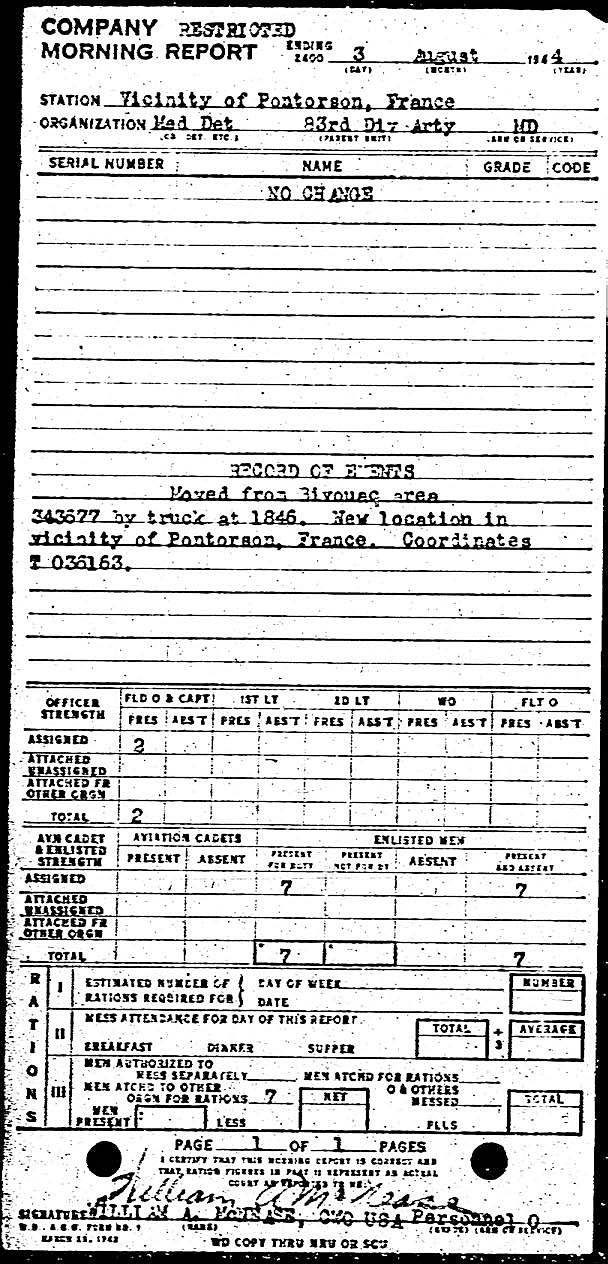 Morning report ARTYMEDDET Co, 1944-08-03, page 1 Morning report