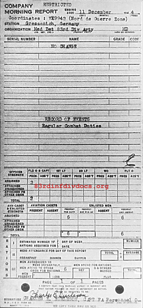 Morning report ARTYMEDDET Co, 1944-12-11, page 1 Morning report