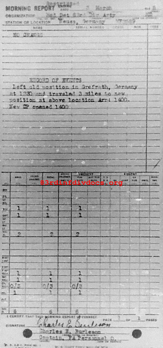 Morning report ARTYMEDDET Co, 1945-03-03, page 1 Morning report