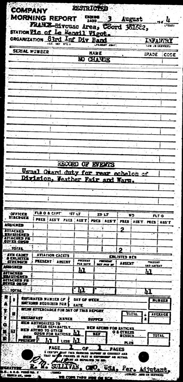 Morning report BAND Co, 1944-08-03, page 1 Morning report