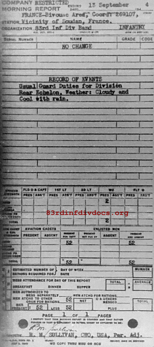 Morning report BAND Co, 1944-09-13, page 1 Morning report