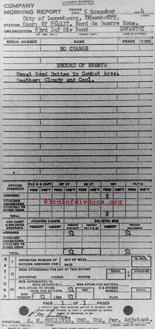 Morning report BAND Co, 1944-11-05, page 1 Morning report