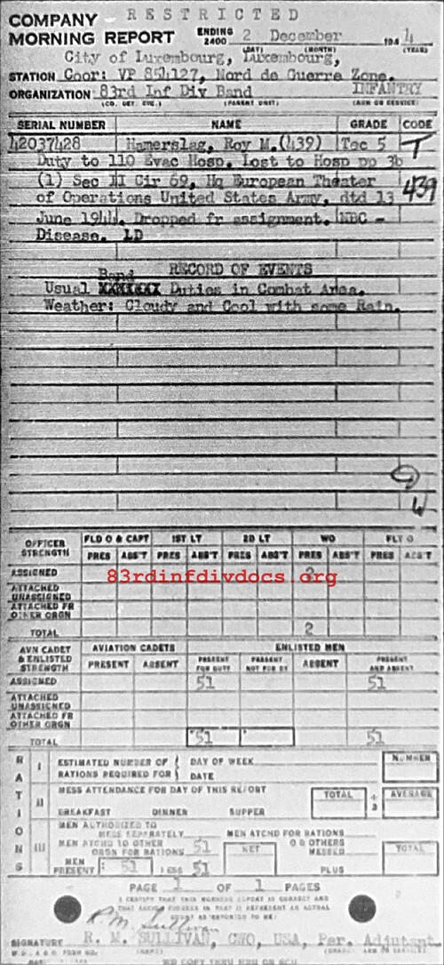 Morning report BAND Co, 1944-12-02, page 1 Morning report