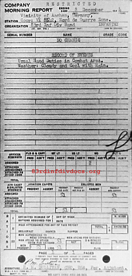 Morning report BAND Co, 1944-12-08, page 1 Morning report