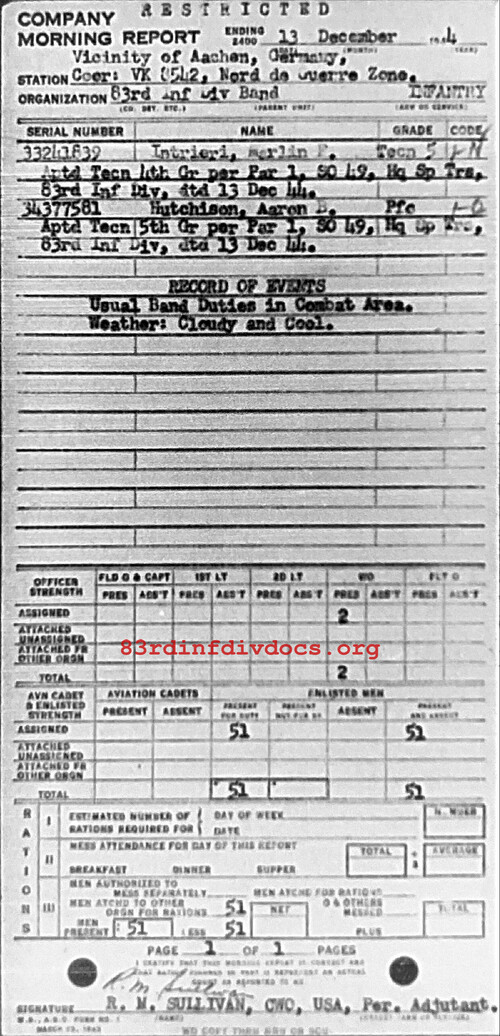 Morning report BAND Co, 1944-12-13, page 1 Morning report