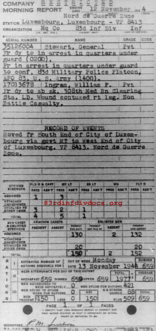 Morning report HQCO Co, 1944-11-12, page 1 Morning report