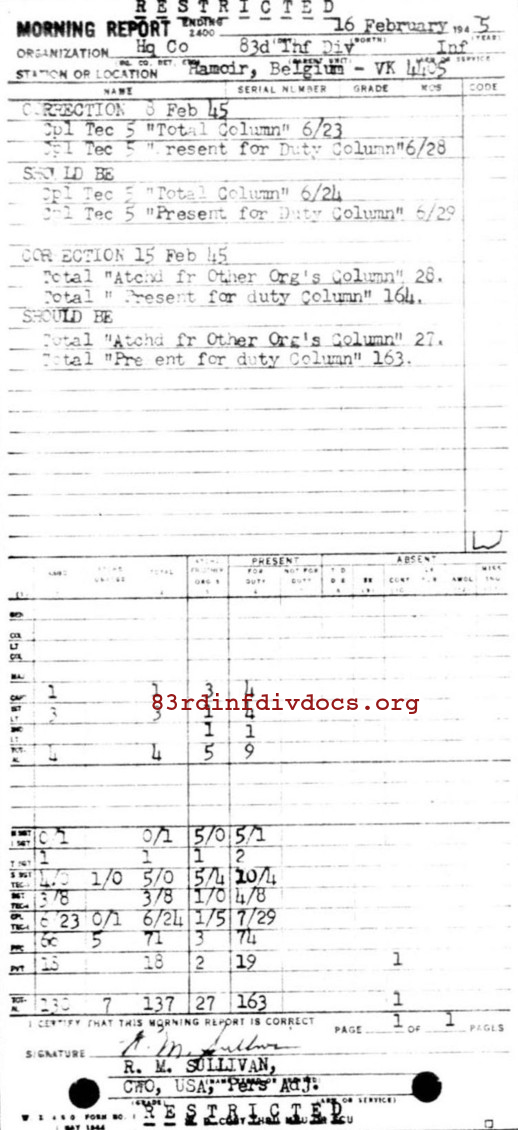 Morning report HQCO Co, 1945-02-16, page 1 Morning report