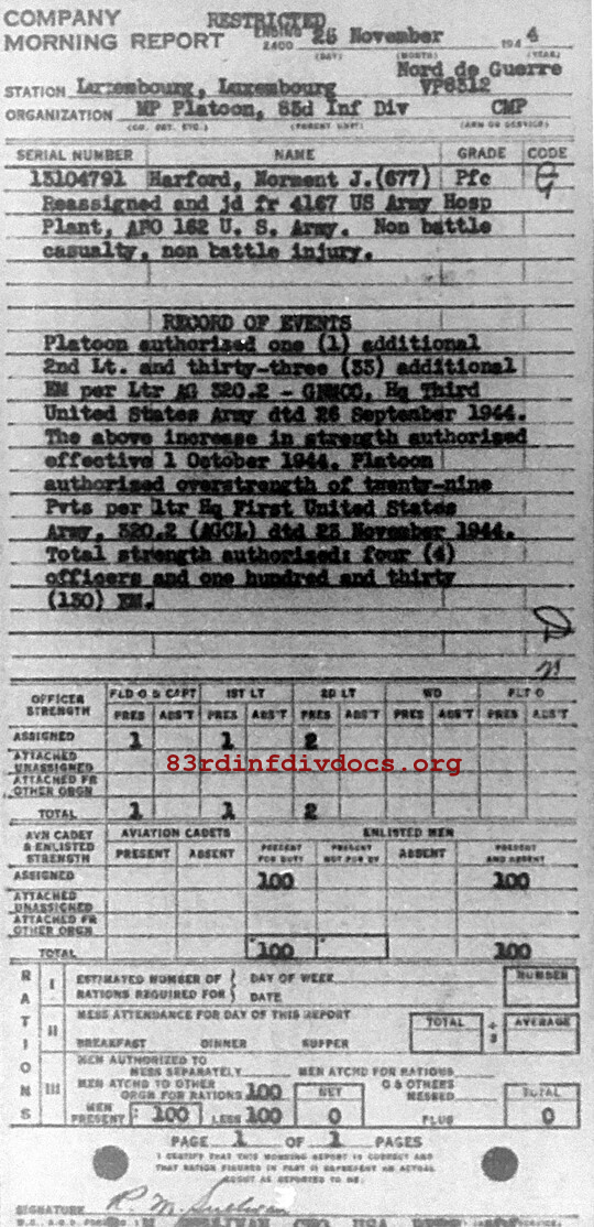 Morning report MP Co, 1944-11-25, page 1 Morning report