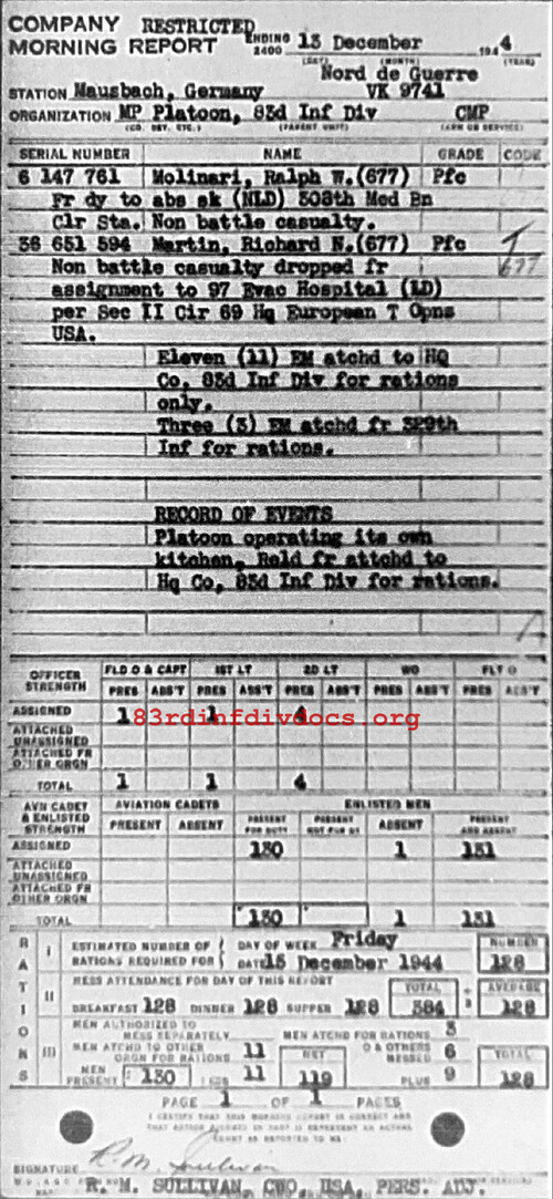 Morning report MP Co, 1944-12-13, page 1 Morning report