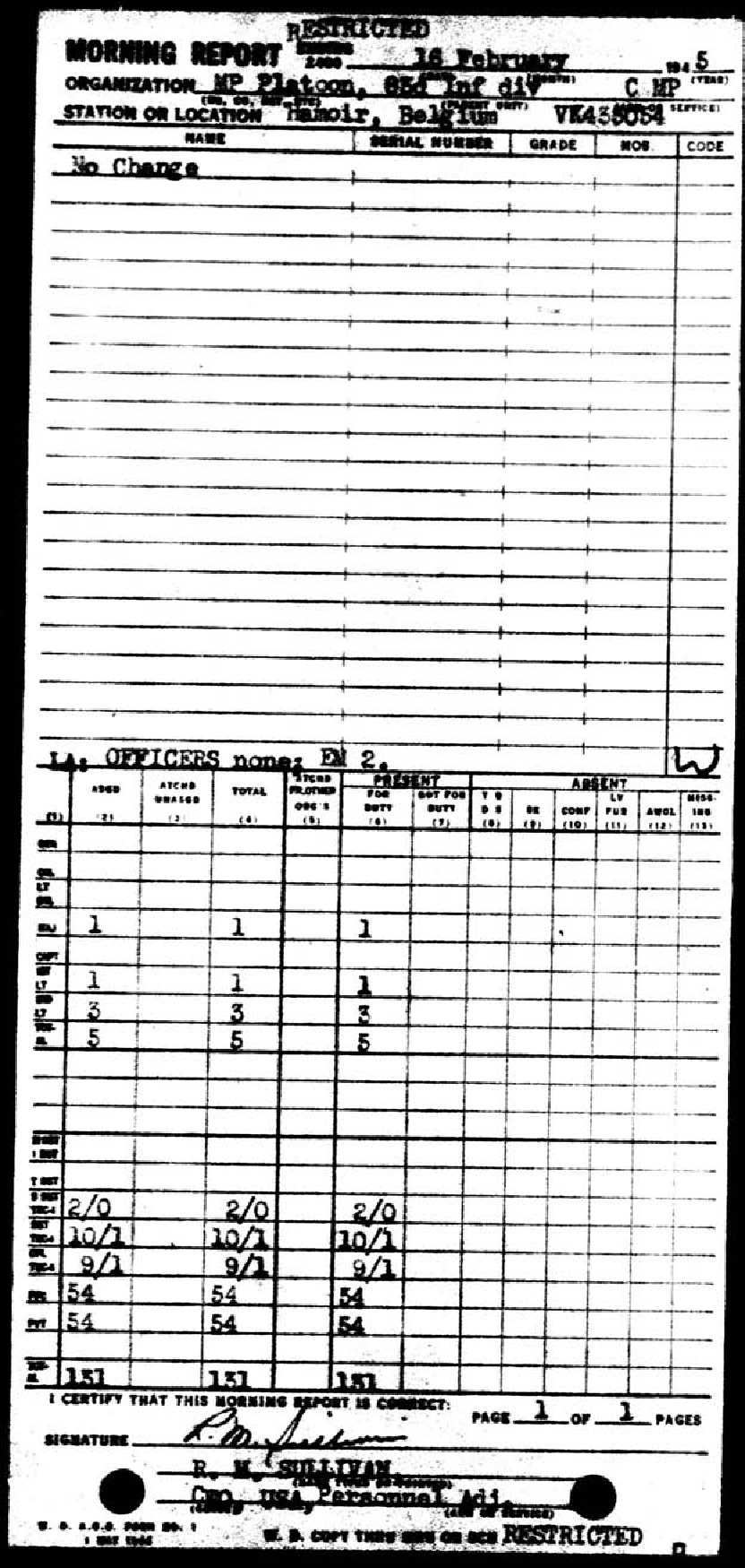 Morning report MP Co, 1945-02-16, page 1 Morning report