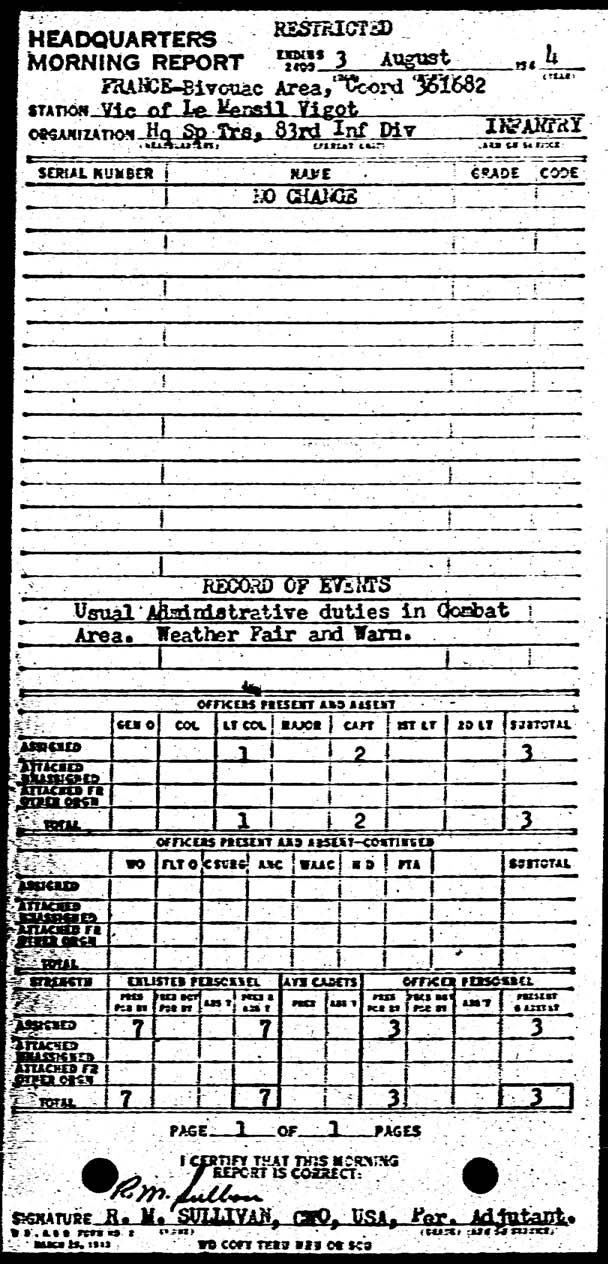 Morning report SPTRPSHQ Co, 1944-08-03, page 1 Morning report