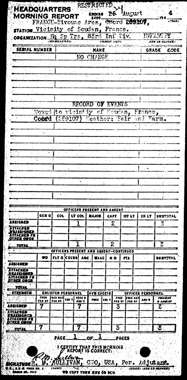 Morning report SPTRPSHQ Co, 1944-08-24, page 1 Morning report