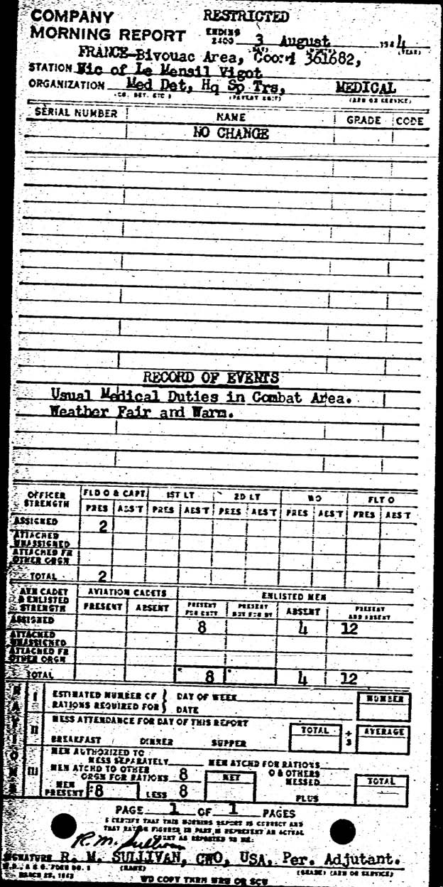 Morning report SPTRPSMEDDET Co, 1944-08-03, page 1 Morning report
