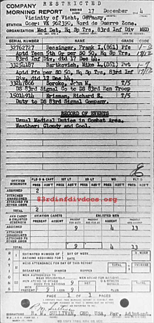 Morning report SPTRPSMEDDET Co, 1944-12-17, page 1 Morning report