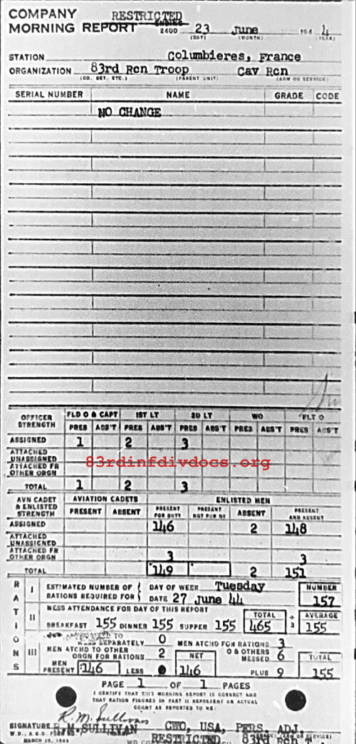Morning report C Co, 1944-06-23, page 1 Morning report