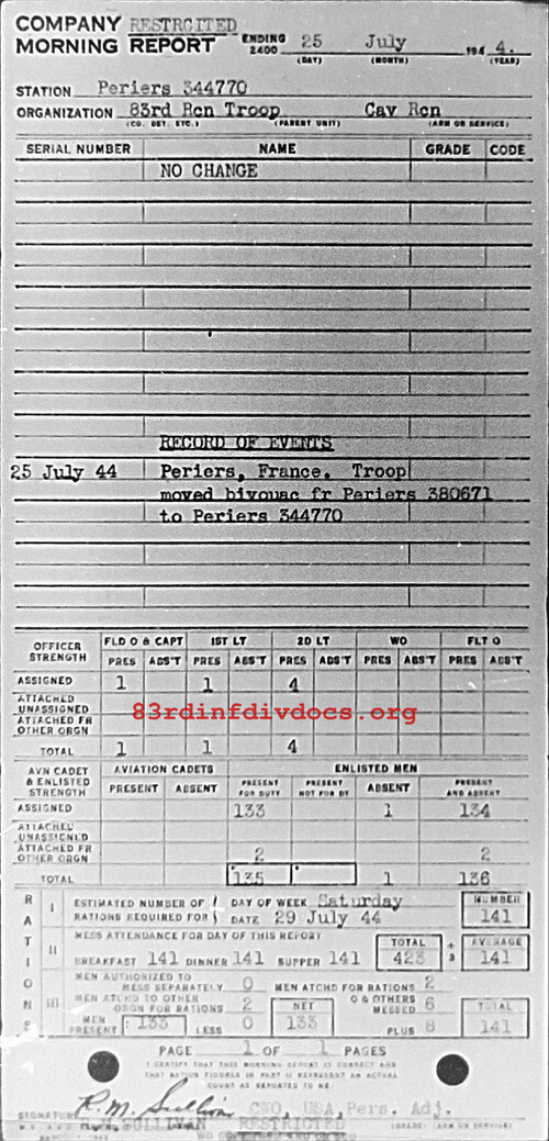 Morning report C Co, 1944-07-25, page 1 Morning report