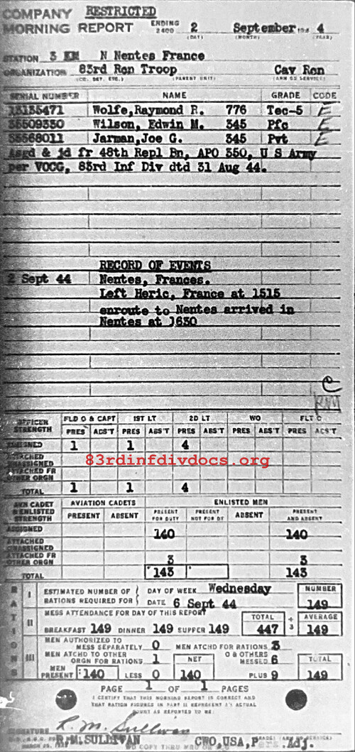 Morning report C Co, 1944-09-02, page 1 Morning report