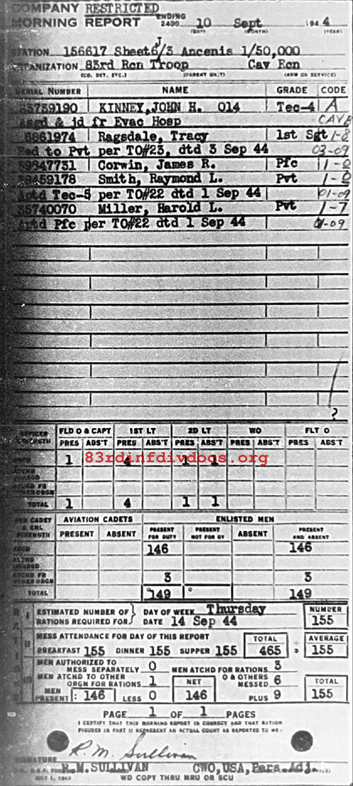 Morning report C Co, 1944-09-10, page 1 Morning report