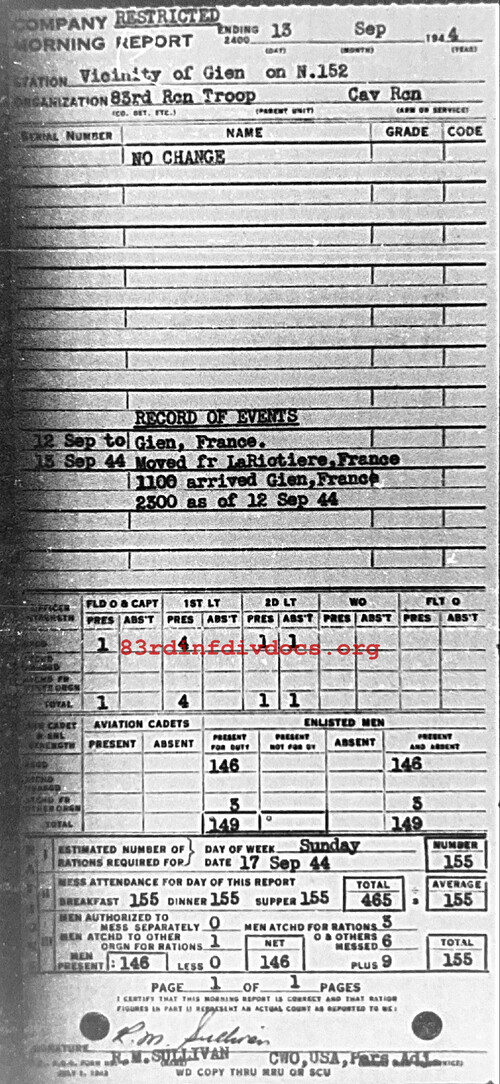 Morning report C Co, 1944-09-13, page 1 Morning report