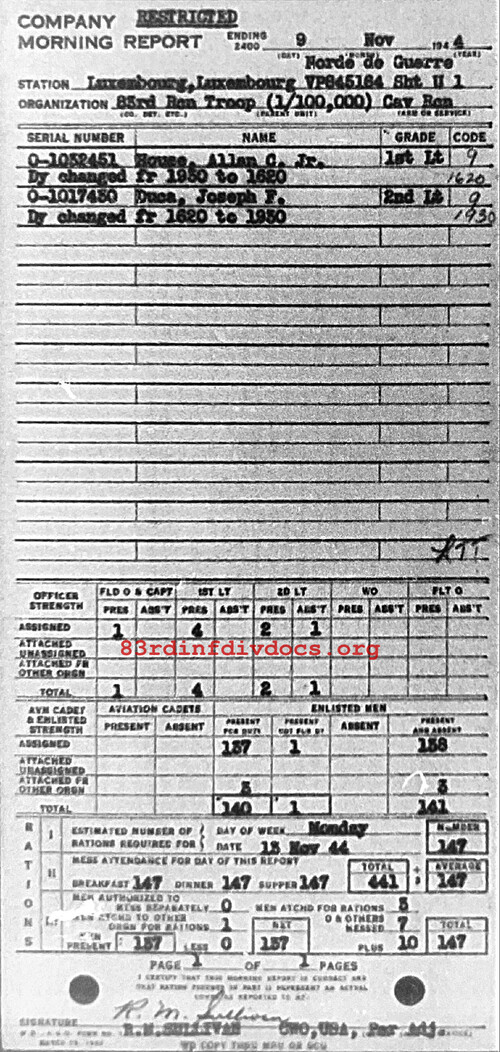 Morning report C Co, 1944-11-09, page 1 Morning report