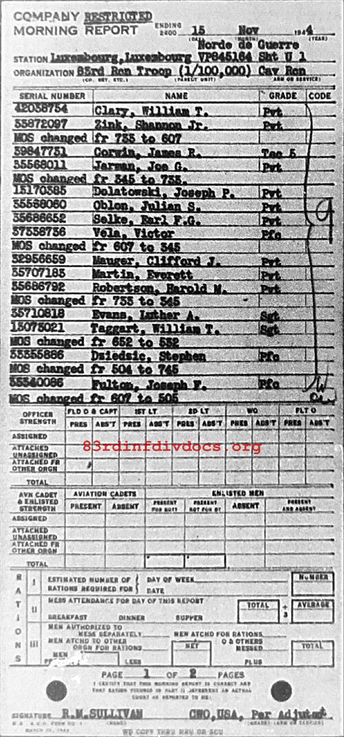 Morning report C Co, 1944-11-15, page 1 Morning report