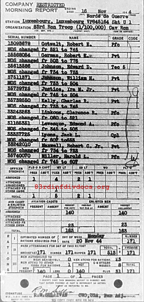 Morning report C Co, 1944-11-16, page 1 Morning report