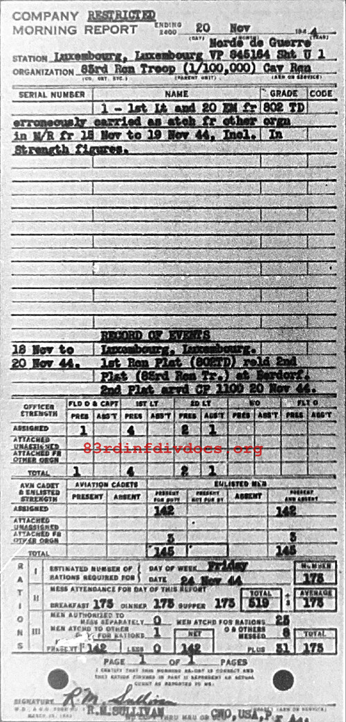 Morning report C Co, 1944-11-20, page 1 Morning report