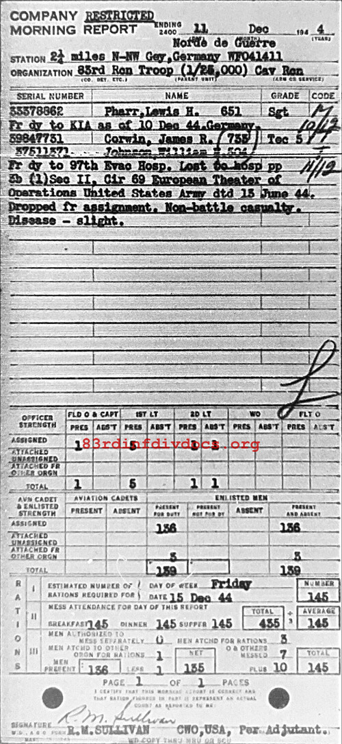 Morning report C Co, 1944-12-11, page 1 Morning report