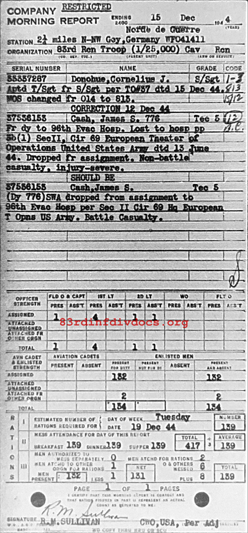 Morning report C Co, 1944-12-15, page 1 Morning report