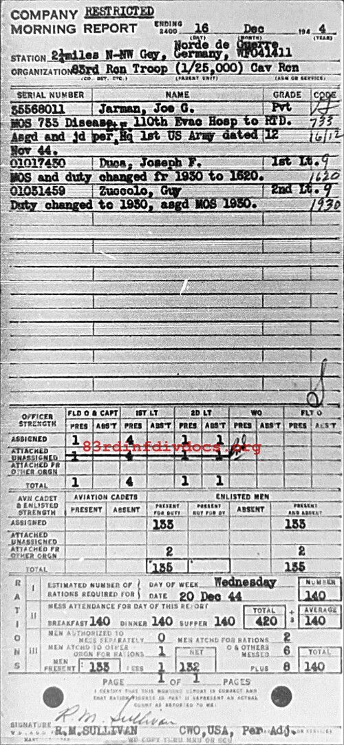 Morning report C Co, 1944-12-16, page 1 Morning report