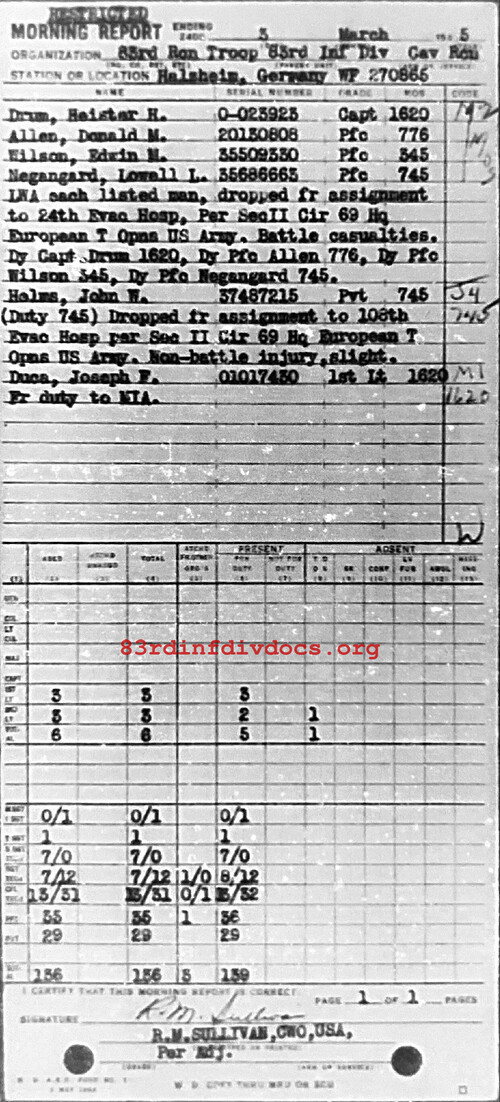 Morning report C Co, 1945-03-03, page 1 Morning report