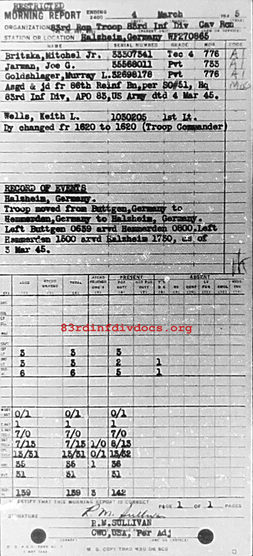 Morning report C Co, 1945-03-04, page 1 Morning report