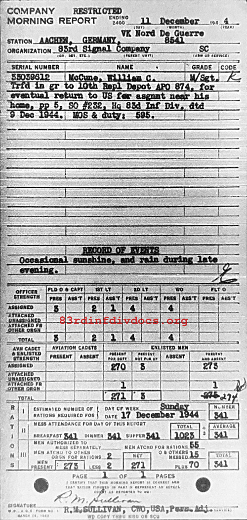 Morning report C Co, 1944-12-11, page 1 Morning report