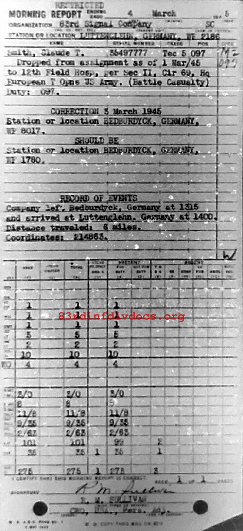 Morning report C Co, 1945-03-04, page 1 Morning report